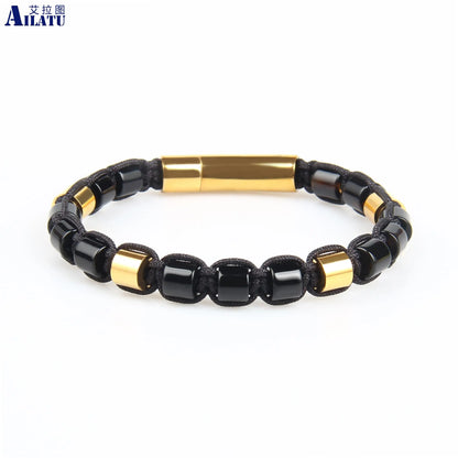 Ailatu 10 piezas/lote nueva pulsera de la amistad, 6 mm, ojo de tigre, piedra lapislázuli, cuentas cilíndricas de ónix negro, joyería de acero inoxidable para hombres