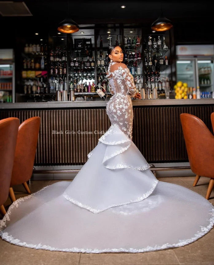 Vestido de novia de sirena con bordado floral, elegante, blanco, manga larga, tul transparente, cola dulce, para mujer africana, ocasión formal