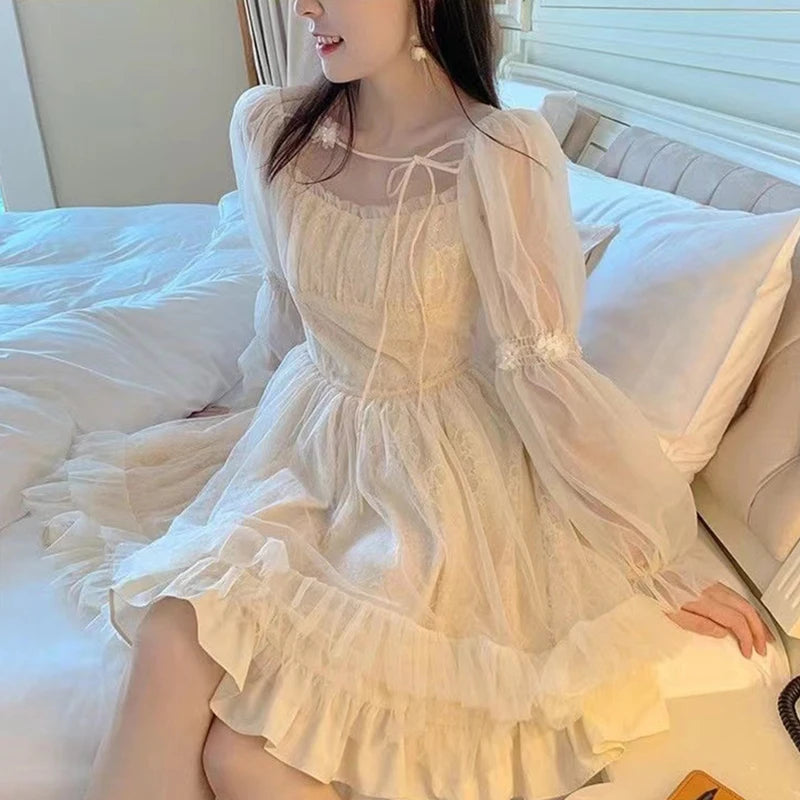 Robe Lolita Kawaii à manches longues pour femme, mini robe décontractée vintage, style féerique japonais, esthétique, une pièce