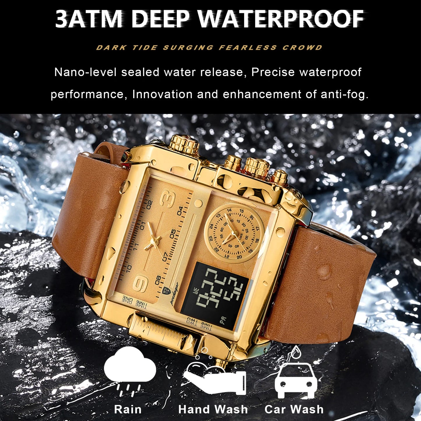 POEDAGAR Reloj de pulsera de lujo para hombre, rectangular, resistente al agua, luminoso, para día y semana, reloj para hombre, multifunción digital, reloj de cuarzo para hombre