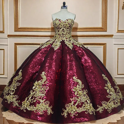 Vestido de quinceañera brillante color burdeos, vestido de baile con lentejuelas, vestido de fiesta de cumpleaños de 16 años, vestido de princesa Wc026