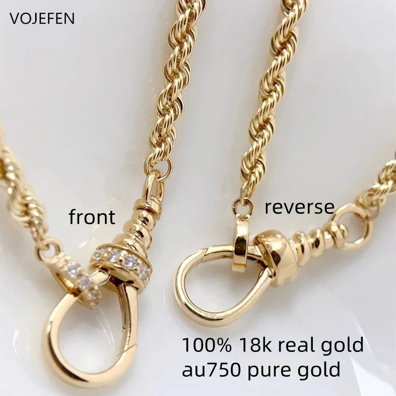 VOJEFEN Collar de oro real de 18 quilates, joyería, cadena de cuerda personalizada con mini diamantes, botón, lujo AU750, productos, regalos, nueva joya