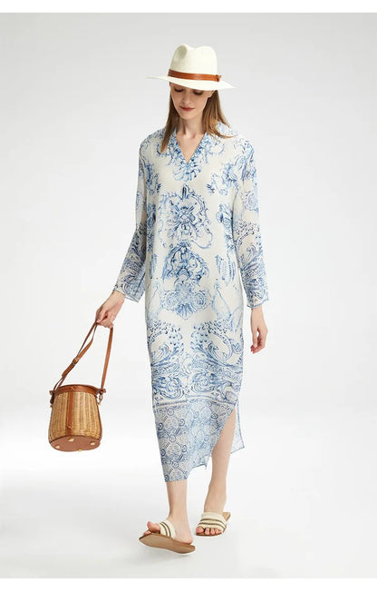 Robe à manches longues en soie imprimée de style chinois pour femmes haut de gamme, robe élégante à col en V pour dames, robe de bal pour femmes