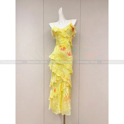 High Quality! Floral Slim Halter Dress Women 2024 Summer New Seaside Holiday Beach Ruffle Halter Long Skirt