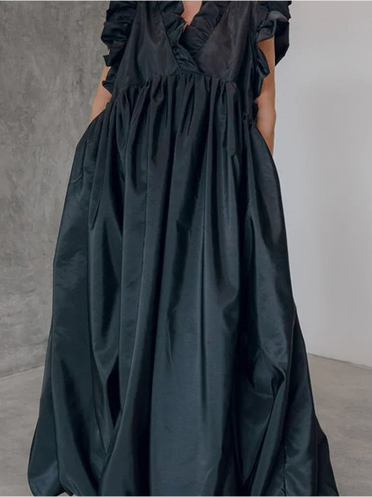 Vestido elegante para mujer, de moda, con cuello plano, borlas, informal, para fiesta, boda, vestido largo para mujer, con capas y borde con volantes