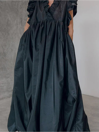 Vestido elegante para mujer, de moda, con cuello plano, borlas, informal, para fiesta, boda, vestido largo para mujer, con capas y borde con volantes