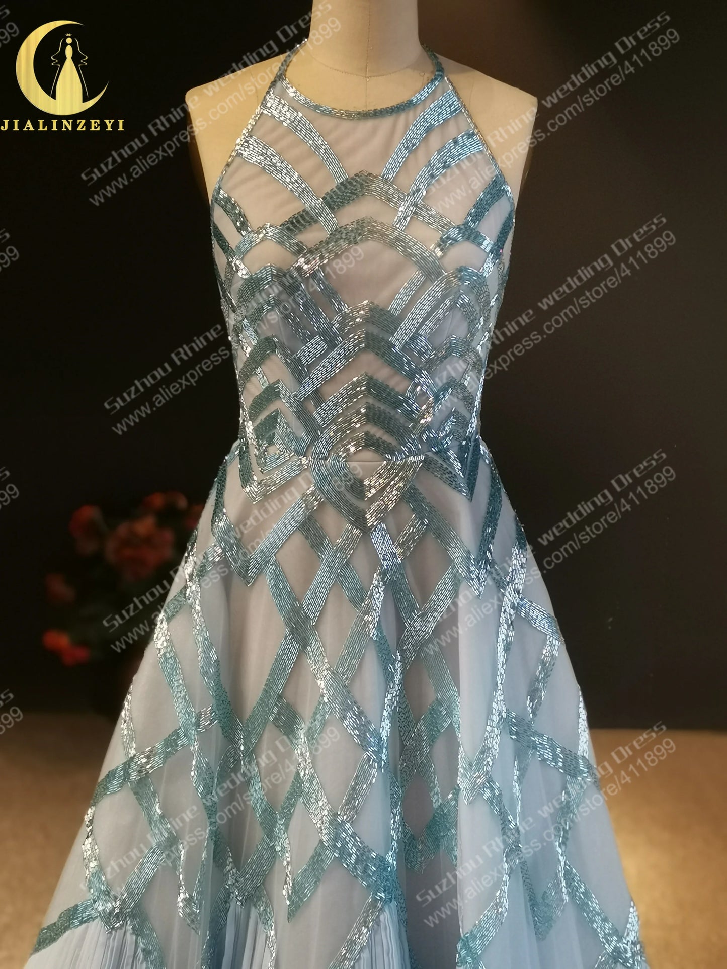 1235 Rhine Halter Blue Luxurious Beaded A-line Fahion robe de soirée de mariage فساتين السهرة فساتين السهرة Evening dress