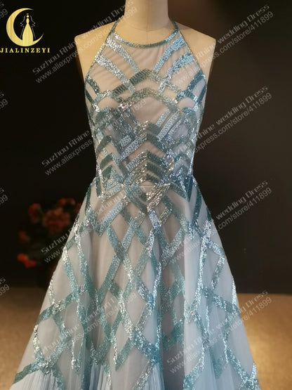 1235 Rhin Halter Bleu Luxueux Perlé A-ligne Mode robe de soirée de mariage فساتين السهرة فساتين السهرة Robe de soirée