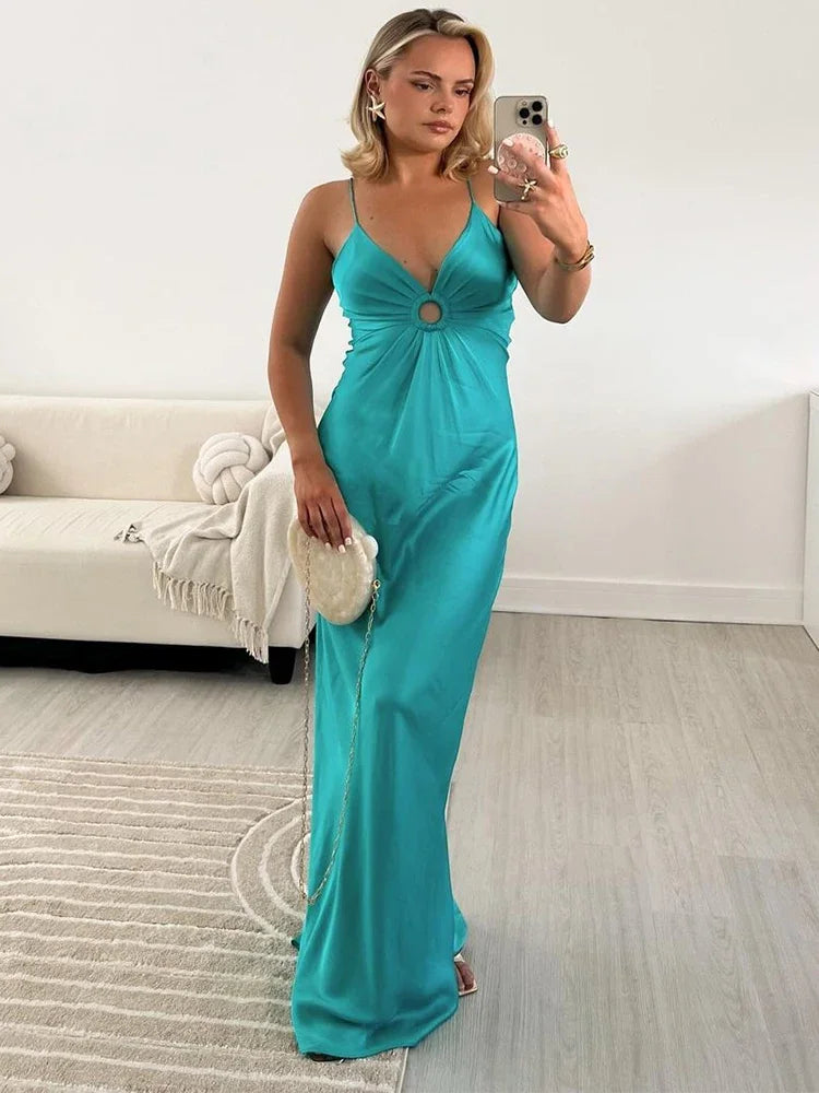 Women High Waist Ring Hollow Out Sling Dress Blue V-neck Sleeveless Party Backless Slim Maxi Robes 2024lady Elegant Formal Wear