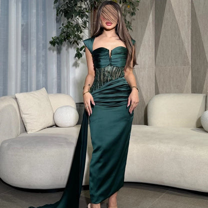 Jiayigong  Satin Pleat Sequined Valentine's Day Sheath Square Neck Bespoke Occasion Gown Midi Dresses Saudi Arabia