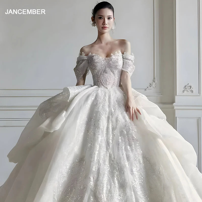 Jancember Exquisite Romantic Wedding Dresses Sweetheart Cap sleeve Short Sleeves Ruffles Zipper Vestido De Novia LSHT023