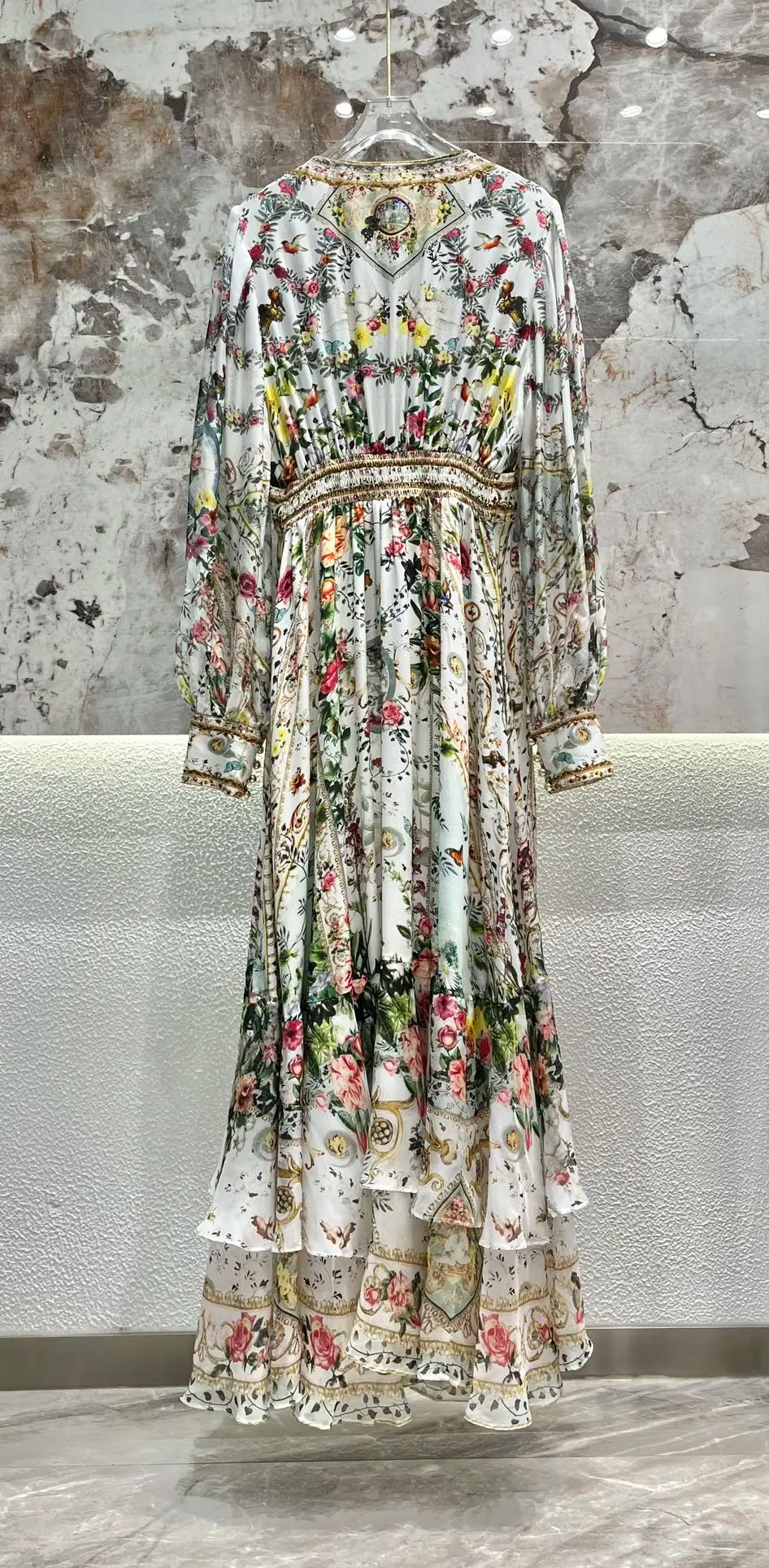 Vestido largo de fiesta para mujer, con escote en V profundo, botones delanteros con cuentas y estampado de flores, manga larga, 100 % seda