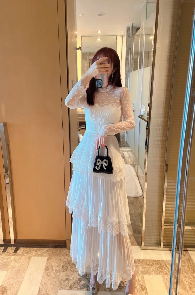 White Elegant Tiered-Ruffle Maxi Dress 2023 Summer Dresses High-End Lace Embroidery Chiffon Long Sleeve High Waist Slim Dress