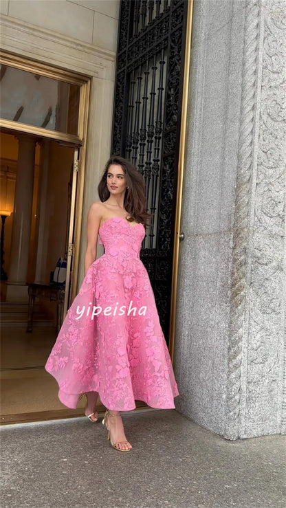 Evening Saudi Arabia Lace Applique Ruched Cocktail Party A-line Strapless Bespoke Occasion Gown Midi Dresses