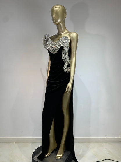 Robe de bal de luxe pour femmes, élégante, noire, paillettes en cristal 3D, décolleté, maxi, longue, anniversaire, célébrité, soirée, gala