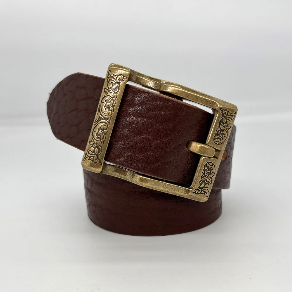 Ceinture en cuir véritable pleine fleur de 3,8 cm pour homme, faite à la main, avec boucle en cuivre, marron, haut de gamme, épaisse, pleine fleur