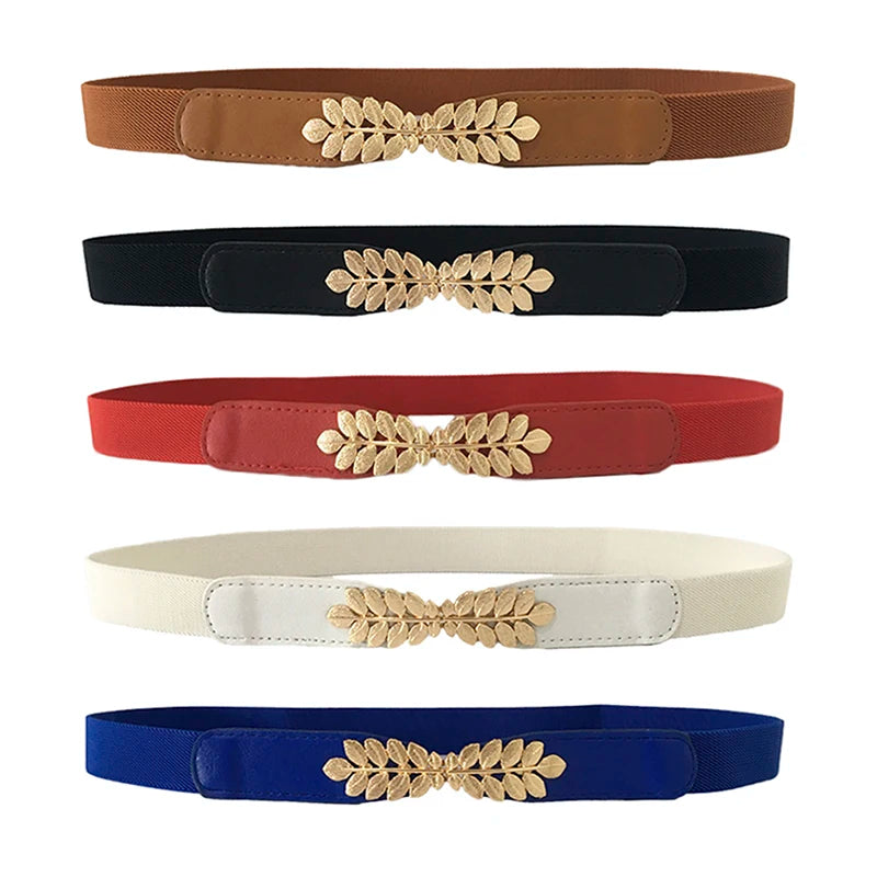 Ceinture élastique tendance en forme de feuille pour femme, extensible, tendance, bleu foncé, avec double boucle en métal doré