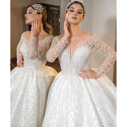 Luxury White O-Neck Sequin Full Sleeves Wedding Dress 2023 Ball Gown Floor Length Sweep Train Lace Up Custom Made Bridal Gown