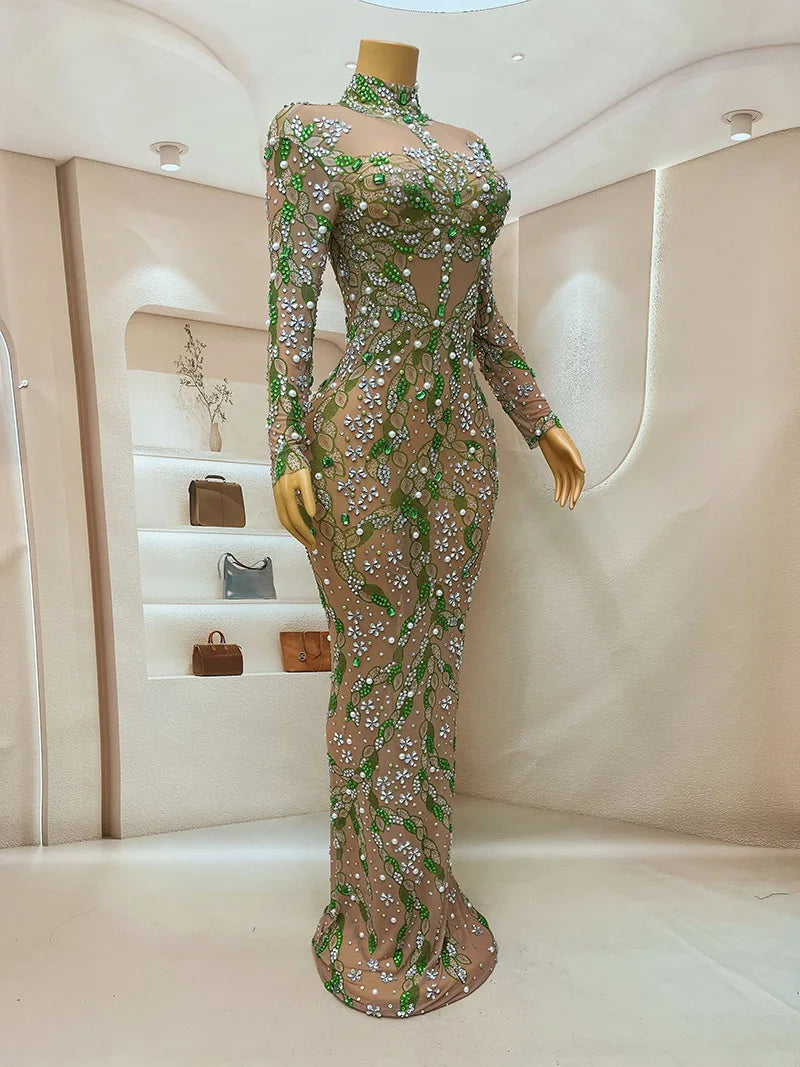 A stunning evening gown Long  Dress Birthday Celebrate Luxurious Costume Sparkly Big Rhinestone Dancer Flashing  party Dress