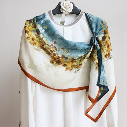 Luxury Design Geometric oil painting silk Crepe Double Scarf Women  Fashion Tie Neckerchief Head Scarves Wraps For Ladies Shawl