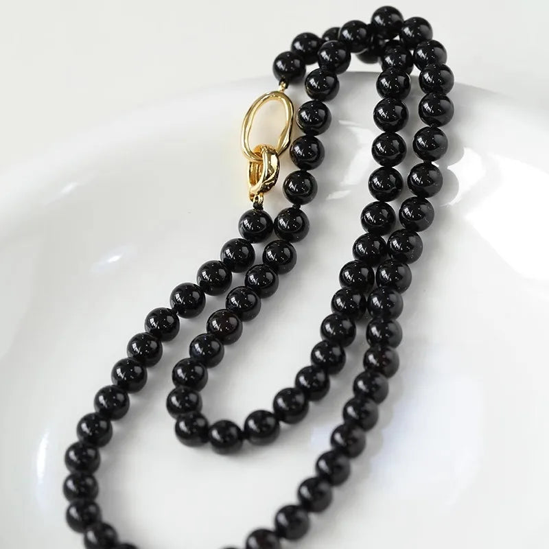 Collier en agate noire naturelle à double cercle, collier en or k pour femmes, chaîne pour femmes, bijoux fins de fête, cadeau