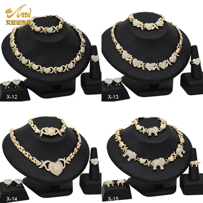 ANIID XOXO Women Jewelry Necklace Set 18K Gold Color Bride Elephant Rhinestone Wedding Necklace Earrings Bracelet Ring Set Gift