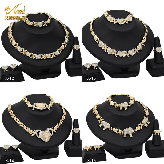 ANIID XOXO Ensemble de bijoux pour femmes, collier, boucles d'oreilles, bracelet, bague, couleur or 18 carats, éléphant, strass, mariage, cadeau