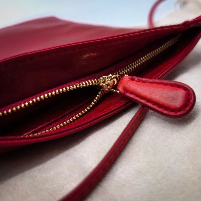 Sac messager carré rouge rétro européen et américain en cuir véritable pour femme