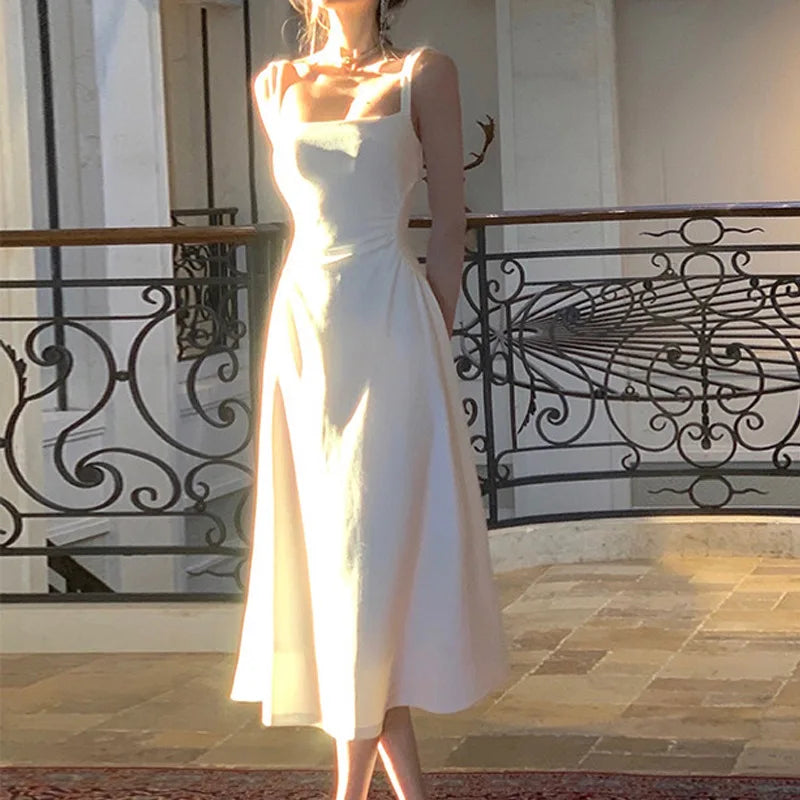 Robe de soirée d'été 2024, robe mi-longue blanche, robe de bureau, slim, sexy, sans manches, à bretelles, style plage, robe une pièce pour femmes, coréenne