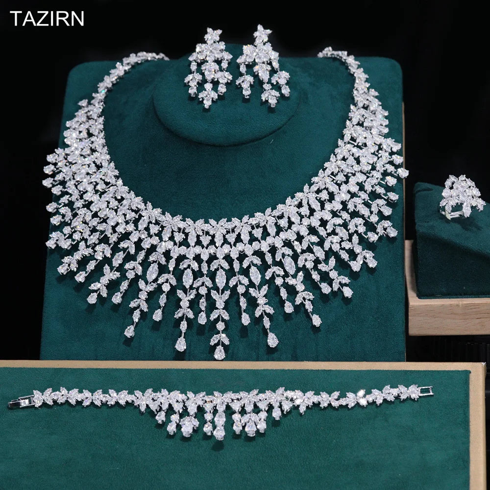 TAZIRN Ensemble de bijoux de mariage de luxe en zircone cubique 5A pour femmes, ensemble de bijoux arabes de Dubaï pour fête, bal, anniversaire, 2/4 pièces, accessoires de mariée en zircone cubique