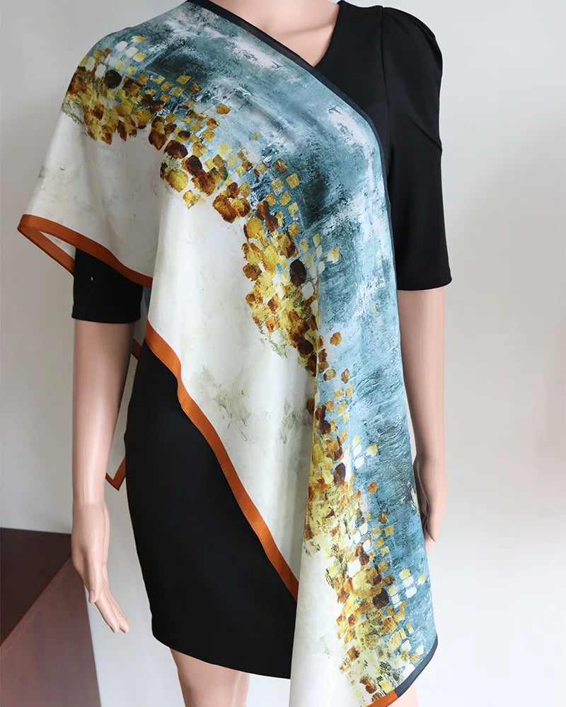 Luxury Design Geometric oil painting silk Crepe Double Scarf Women  Fashion Tie Neckerchief Head Scarves Wraps For Ladies Shawl