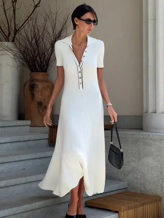 Vestido largo de punto blanco de Tossy para mujer, elegante vestido de fiesta de retazos de manga corta con solapa y cintura alta, vestido de punto para mujer