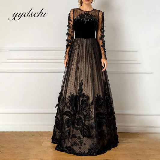 Robe de bal à perles appliquées à manches longues en dentelle pour cocktail, élégante, longueur au sol, illusion, robes de soirée noires pour femmes 2023