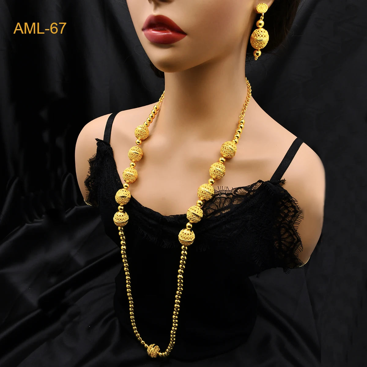 Fashion Dubai Luxury 24k Gold Color Long Chain Bead Jewelry Set For Women Arab African Indian Charm Necklace Earrings Set Gifts