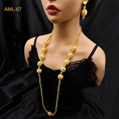 Fashion Dubai Luxury 24k Gold Color Long Chain Bead Jewelry Set For Women Arab African Indian Charm Necklace Earrings Set Gifts