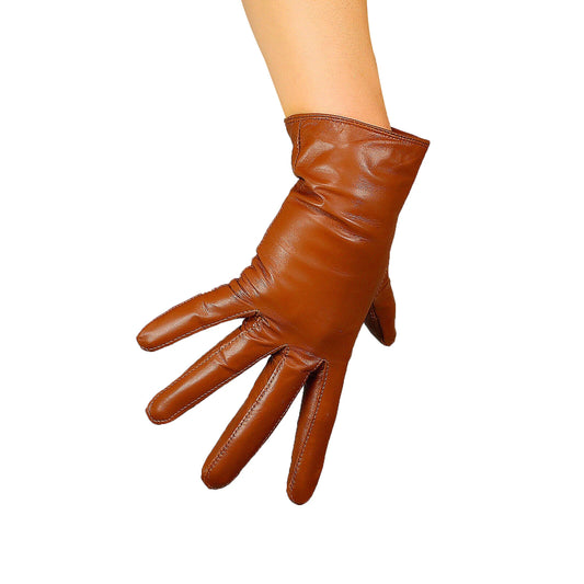 DooWay Women's Brown Leather Gloves Luxury Winter Warm Wrist Short Genuine Sheepskin 1920s Fashion Evening Driving Vintage Glove