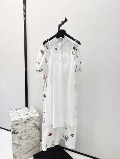 2024 new women's fashion short-sleeved stand-up collar belt printed long dress 0415