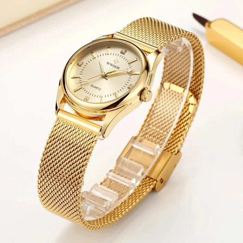 WWOOR Reloj de lujo de oro para mujer, elegante reloj de pulsera de cuarzo pequeño con diamantes para mujer, reloj de malla de acero, reloj de dama