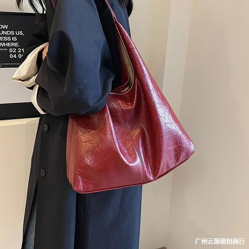 Sac à main en cuir PU souple de qualité pour femme, sac à bandoulière vintage rouge vin, grand sac à main pour femme, sac fourre-tout polyvalent