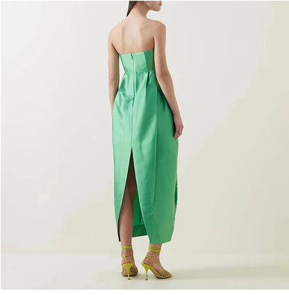 Robe longue en satin de soie mélangée verte avec nœud, élégante, sans bretelles, froncée, forme cocon, sur mesure, pour événement, occasion formelle