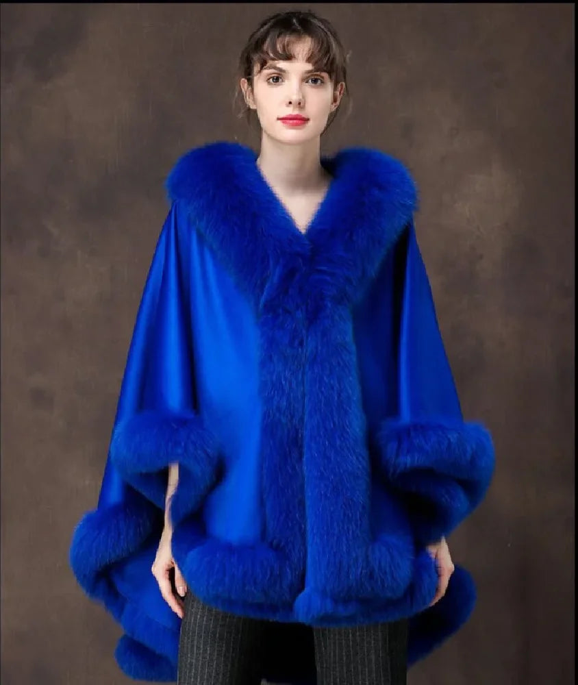 Real Fox Fur Trimming Real Cashmere and Wool Cape Shawls For Women's Wedding Party