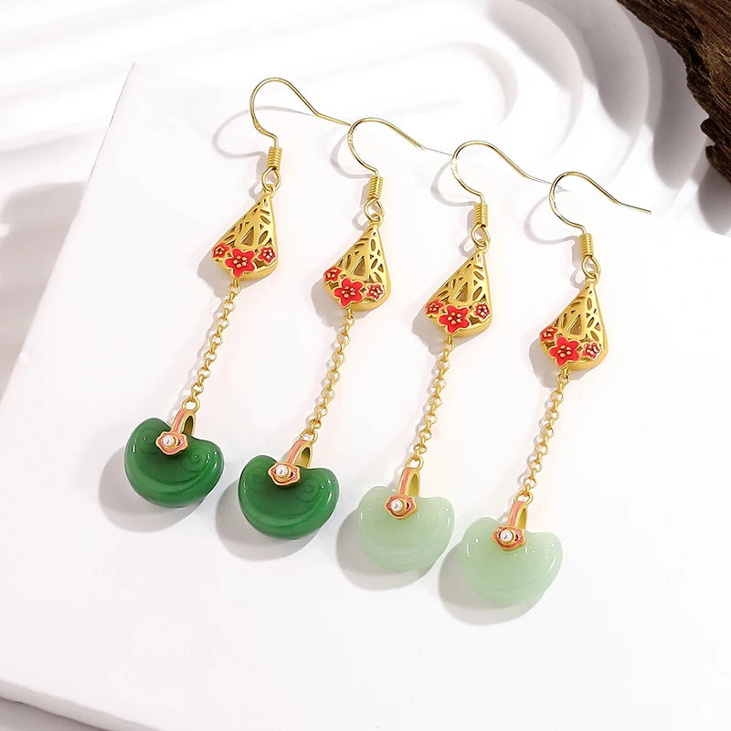 Boucles d'oreilles en or K avec émeraude dorée et jade en lingot d'or Boucles d'oreilles pour femmes en or K Bijoux de luxe de créateur Cadeaux pour petites amies