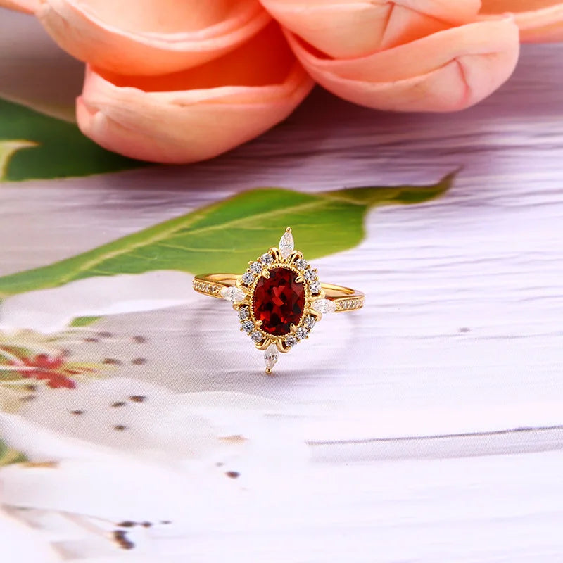 Vintage Gemstone Rings Natural Garnet For Women 925 Sterling Silver K Gold Plated Red Stone Wedding Engagement Jewelry RI182