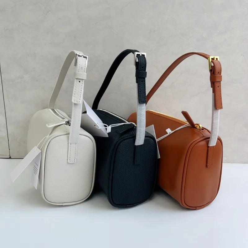 Square Tube Shape Retro Simple Genuine Leather Handbag Small Shoulder Bag Mobile Phone Bag