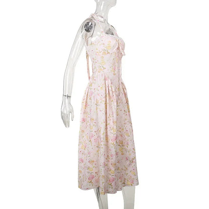 Vestido elegante de estilo largo con estampado floral 2024 para mujer, sin tirantes finos, hombros descubiertos, espalda descubierta, vestido informal de playa para vacaciones en el mar