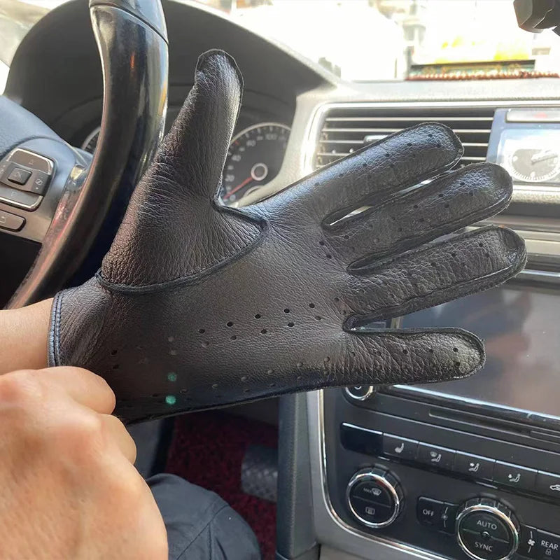 Guantes de conducción de piel de ciervo para hombre HIGHSHINE Guantes de motocicleta para pantalla táctil sin forro