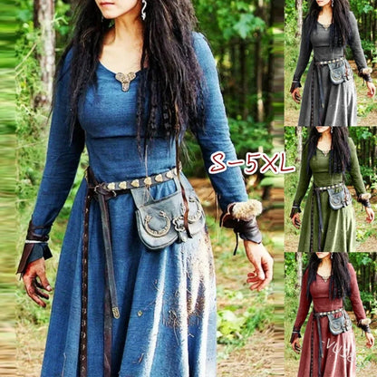 Vestido retro de color sólido victoriano medieval para mujer, disfraz de fiesta de carnaval, mascarada, cuello redondo, manga larga, cintura alta, vestido francés