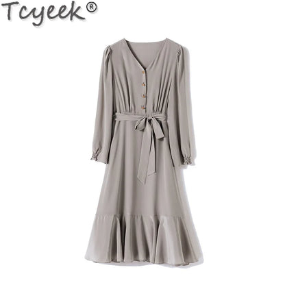 Tcyeek 100% Mulberry Silk Dress Ladies Elegant Women's Dresses 2024 Spring Summer Clothes High-end Long Sleeve Dress Belt Waist