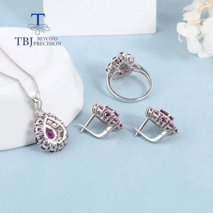 Ensemble de bijoux en argent 925 avec bagues et boucles d'oreilles en grenat rhodolite naturel pour femmes, cadeau de fête d'anniversaire de luxe