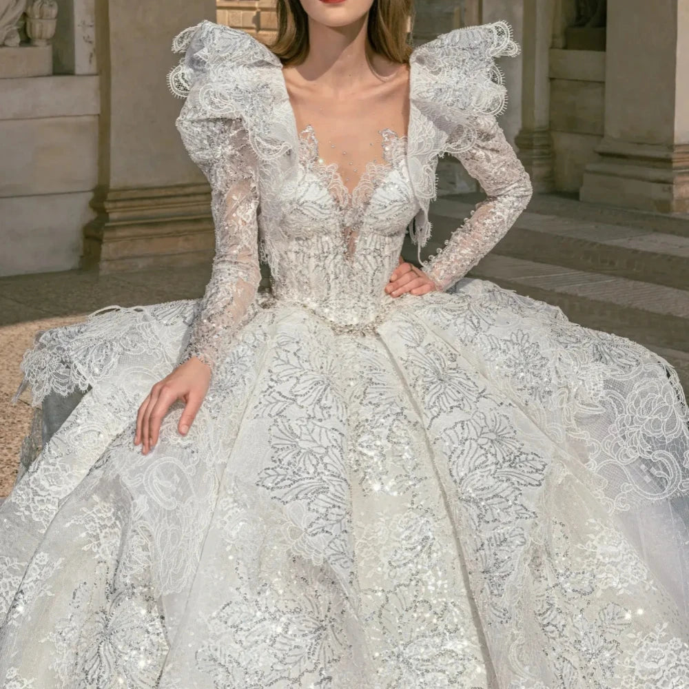 Elegante vestido de novia de princesa con apliques y escote en V para novia, vestido de novia largo hasta el suelo brillante